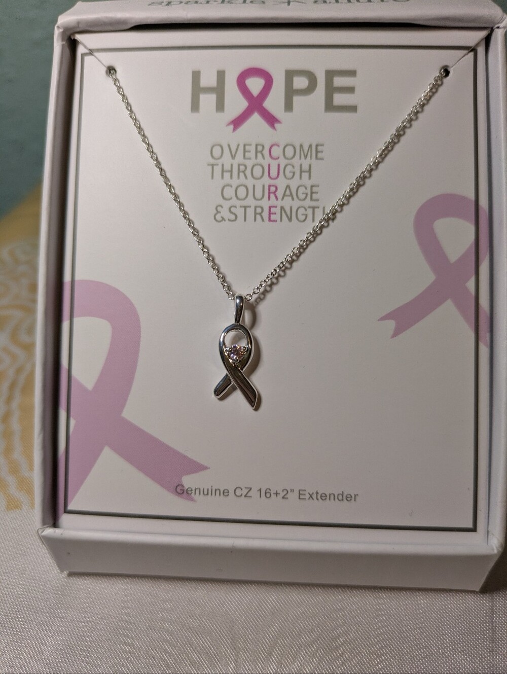 ✨ Sparkle Allure Breast Cancer Awareness Ribbon Pendant Necklace NIB